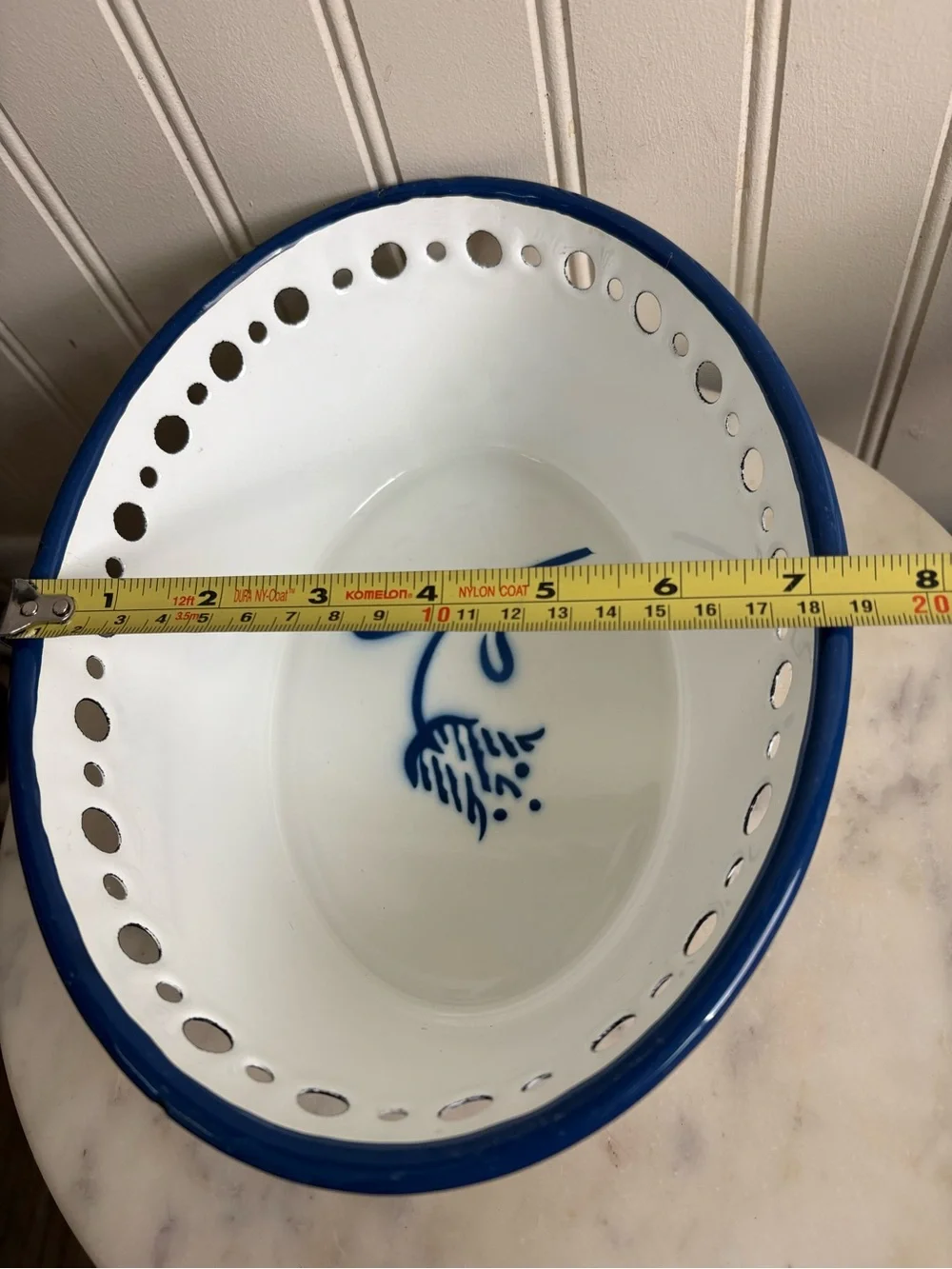 Vintage IKEA Enamel Arv Idyell Perforated Oval Bowl White & Blue Floral VTG 90s